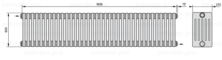 Схема (чертеж) Радиатор Zehnder Charleston 6060/36 №1670 Белый глянцевый RAL 9016